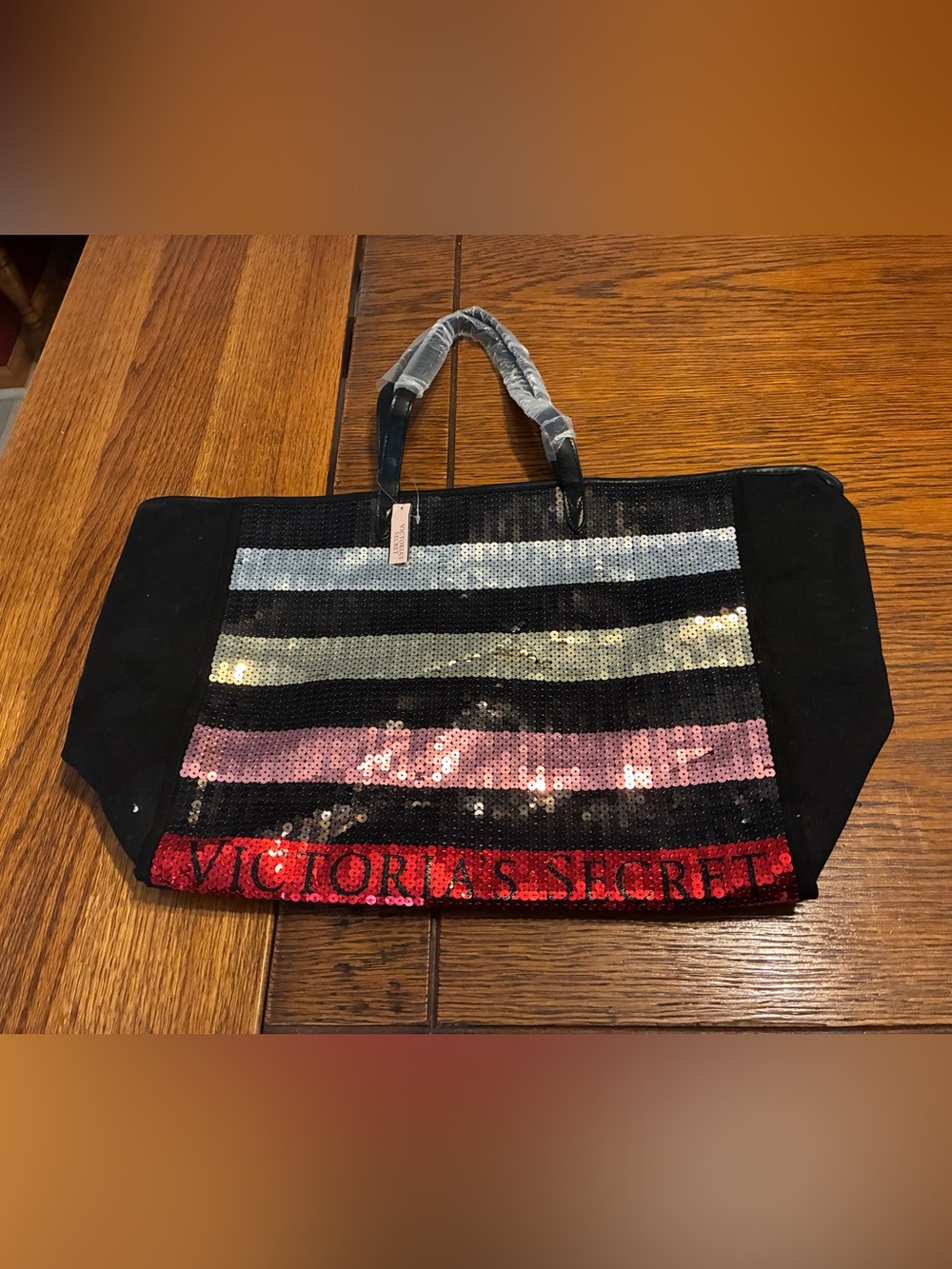 Victoria's Secret Black Tote with Red, Pink, Silver and Gold Sequin Stripes